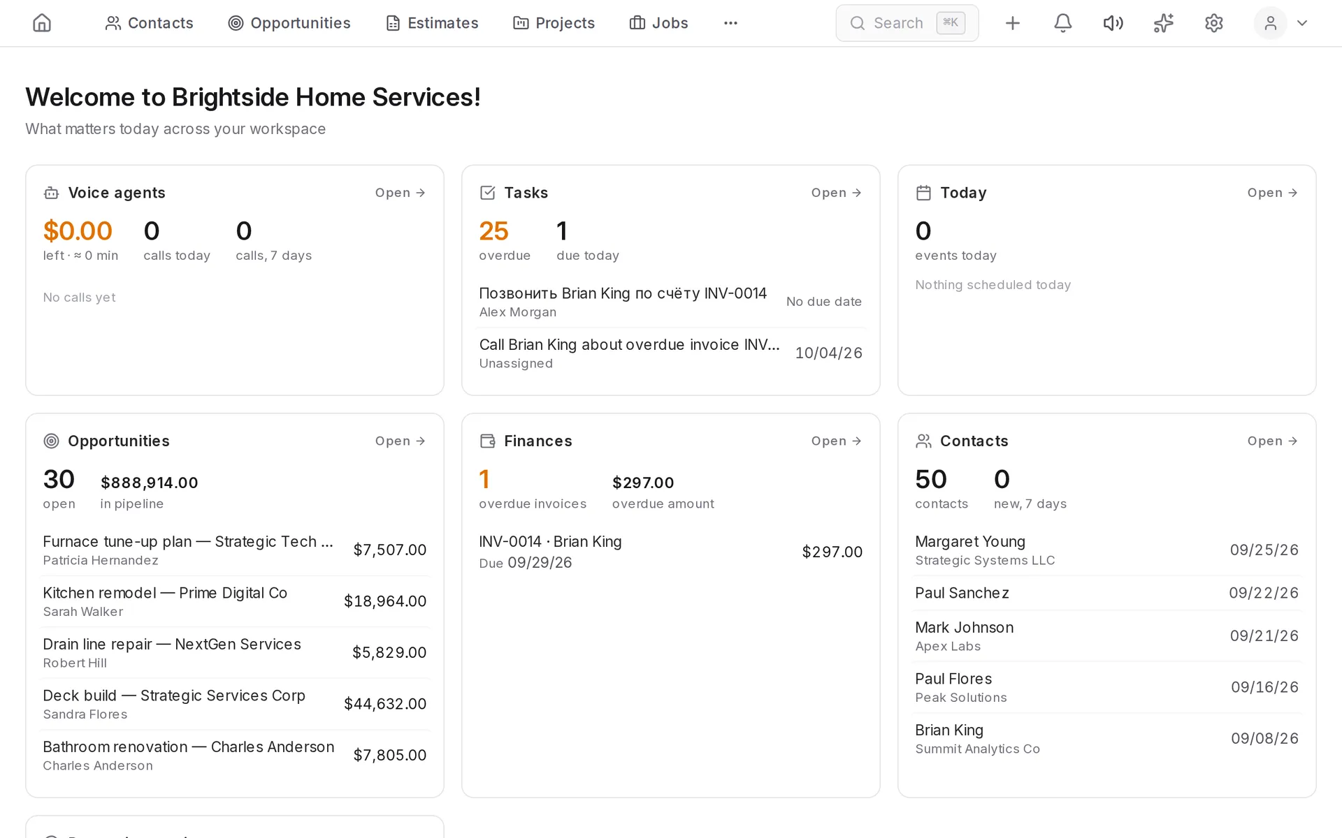 Workspace home page