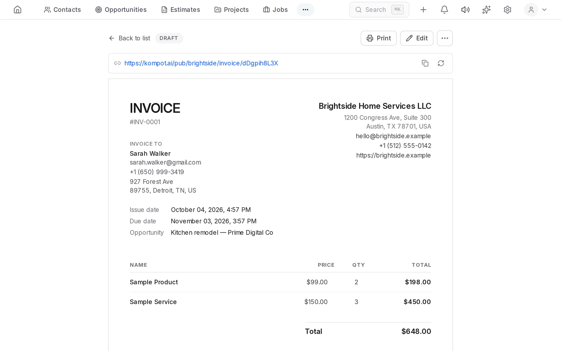 Invoice page