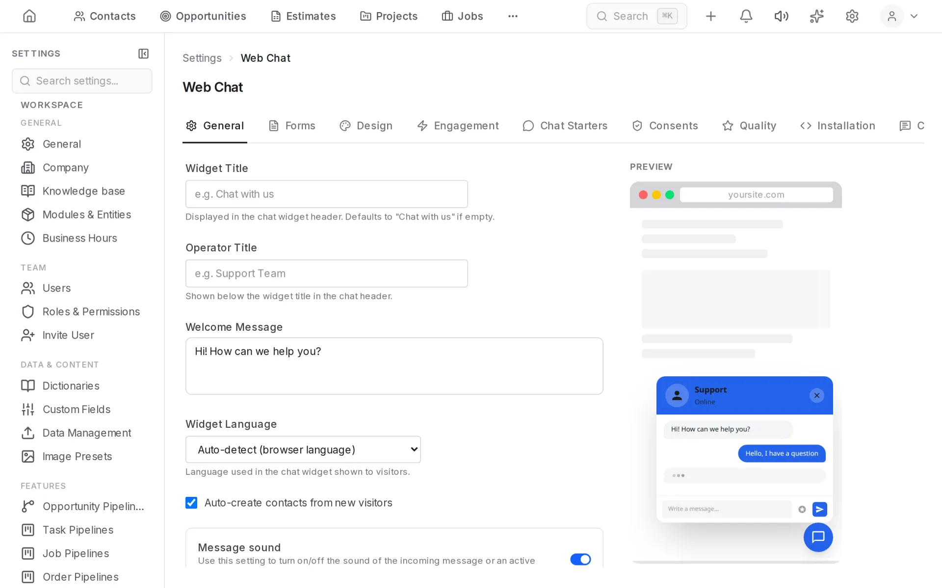 Web chat settings
