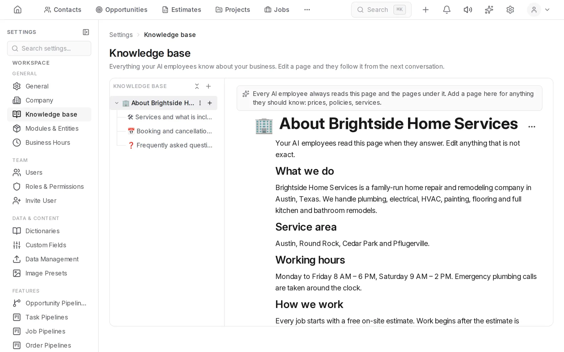 Knowledge base in settings